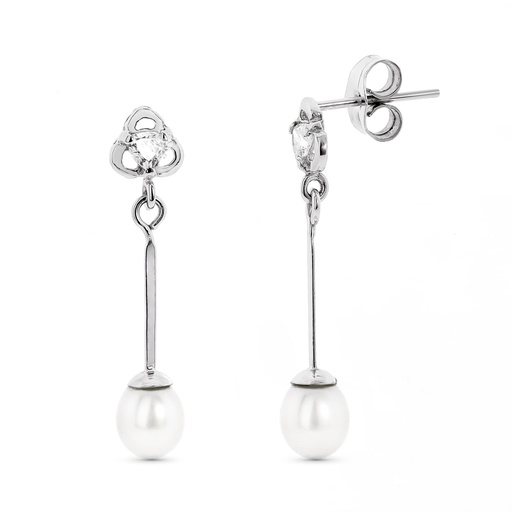 [P15688] 18K PENDIENTES ORO BLANCO CON CIRCONITAS Y PERLA CIERRE PRESION