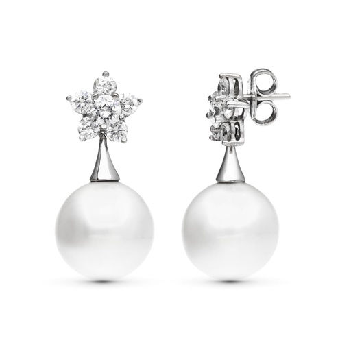 [P15695] 18K PENDIENTES ORO BLANCO FLOR CIRCONITAS PERLA 14 MM