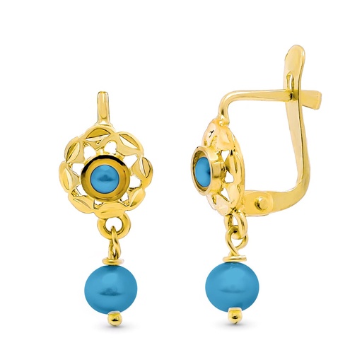 [P15760-T] 18K PENDIENTES ORO AMARILLO CUBANAS CON TURQUESAS. 15X6 MM CIERRE CATALAN