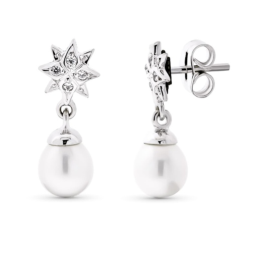 [P15774] 18K PENDIENTES ORO BLANCO LARGO ESTRELLA PERLA 18X7 MM