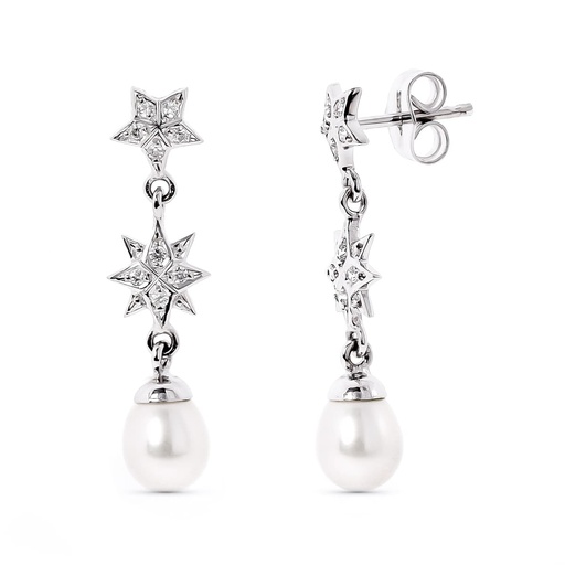 [P15775] 18K PENDIENTES ORO BLANCO ESTRELAS DE CIRCONITAS Y PERLA