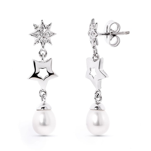 [P15776] 18K PENDIENTES LARGOS PRESION ORO BLANCO ESTRELLAS CON CIRCONITA Y PERLA