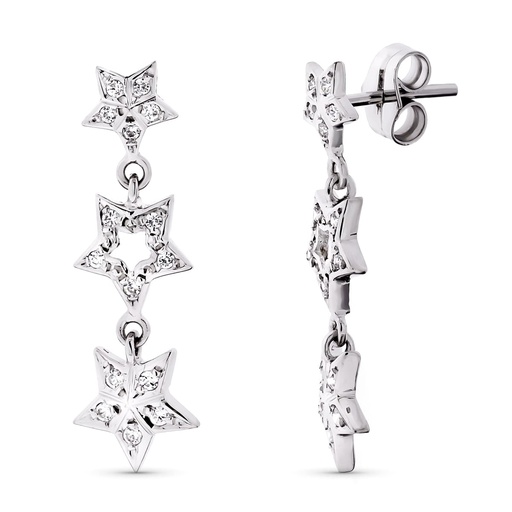 [P15782] 18K PENDIENTES ORO BLANCO LARGOS CIRCONITA Y ESTRELLAS. 27X8 MM
