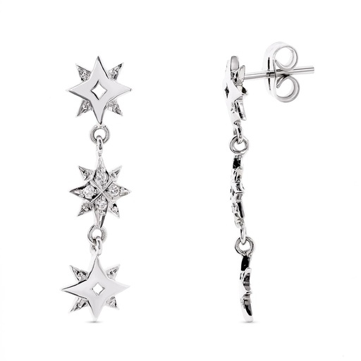 [P15783] 18K PENDIENTES ORO BLANCO ESTRELLAS Y CIRCONITAS 28X6 MM CIERRE PRESION
