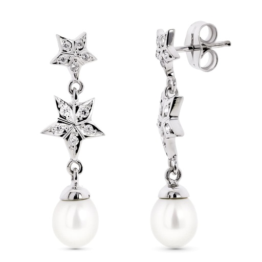[P15784] 18K PENDIENTES ORO BLANCO CON ESTRELLAS Y PERLA CIERRE PRESION