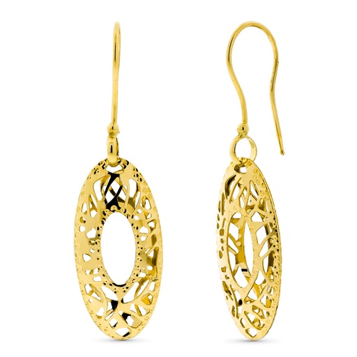 [P15792] 18K PENDIENTES ORO AMARILLO MOTIVOS OVALES TALLADOS Y CALADOS CIERRE GANCHO