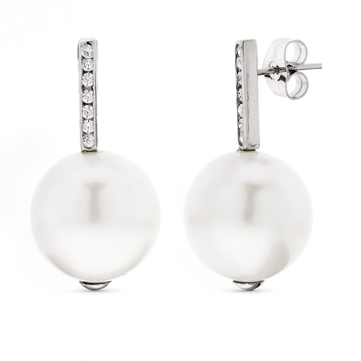 [P15796] 18K PENDIENTES ORO BLANCO LARGOS PERLA 14 MM Y CIRCONITAS