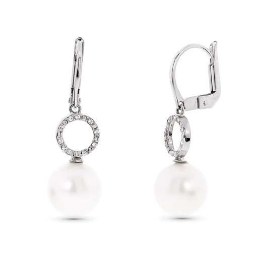 [P15807] 18K PENDIENTES ORO BLANCO MOTIVO REDONDO Y PERLA 9 MM CIERRE CATALAN