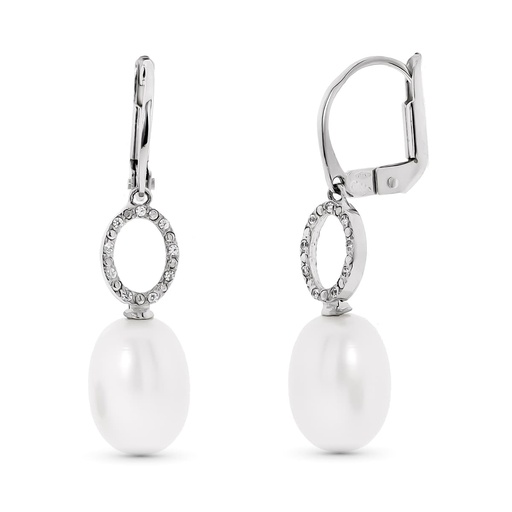 [P15808] 18K PENDIENTES ORO BLANCO MOTIVO OVAL Y PERLA 9 MM CIERRE CATALAN