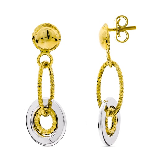 [P15810] 18K PENDIENTES ORO BICOLOR LARGOS CON MOTIVOS REDONDOS Y BOLA LISACIERRE PRESION
