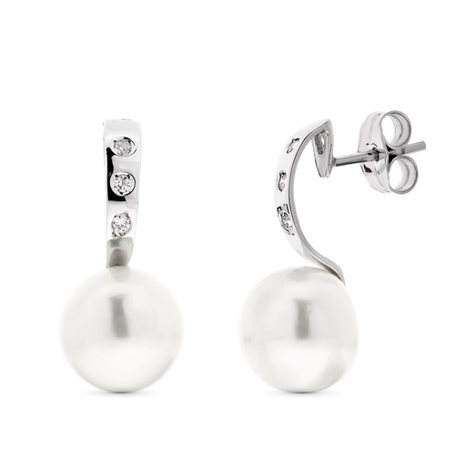 [P15835] 18K PENDIENTES ORO BLANCO PERLA BOTON Y CIRCONITAS