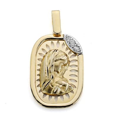 [P1585] 18K MEDALLA ORO AMARILLO DIAMANTES TALLA BRILLANTE 0.054  QTS. 24X15 MM