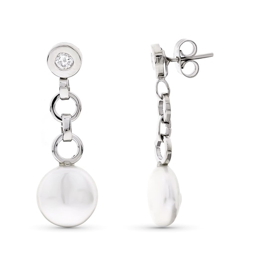 [P15854] 18K PENDIENTES ORO BLANCO LARGOS PERLA 10 MM Y CHATON CIRCONITA CIERRE PRESION
