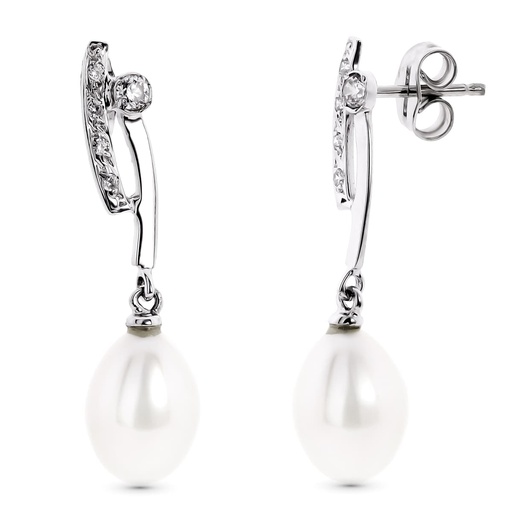[P15856] 18K PENDIENTES ORO BLANCO LARGOS CON CIRCONITAS Y PERLA CIERRE PRESION