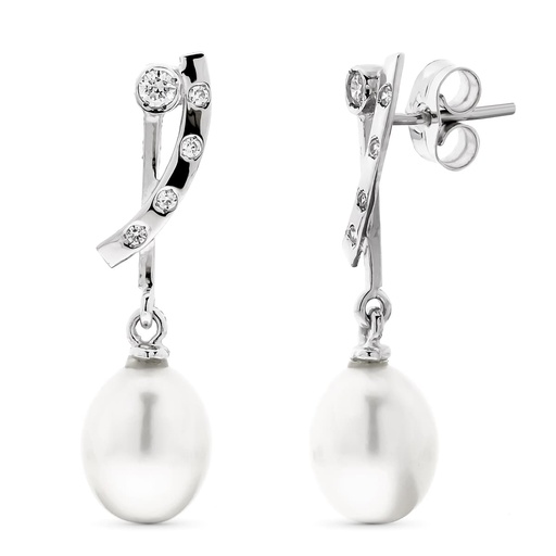 [P15857] 18K PENDIENTES ORO BLANCO LARGOS PERLA PERA Y CIRCONITAS