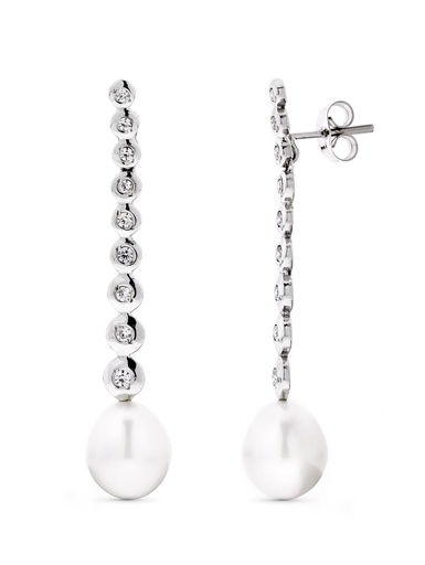 [P15861] 18K PENDIENTES ORO BLANCO LARGOS PERLA PERA Y CIRCONITAS