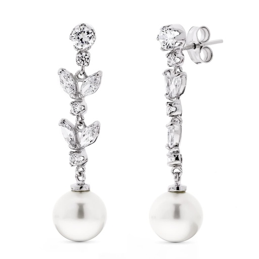 [P15870] 18K PENDIENTES ORO BLANCO LARGOS PERLA 9 9.5 MM Y CIRCONITAS