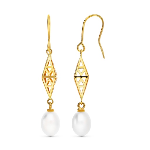 [P15882] 18K PENDIENTES ORO AMARILLO ROMBO 43X7 MM  PERLA CULTIVADA 9X7 MM CIERRE HIPPIE