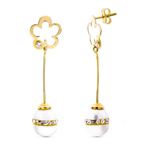 [P15883] 18K PENDIENTES ORO AMARILLO LARGOS CON FLOR PERLA CIERRE PRESION