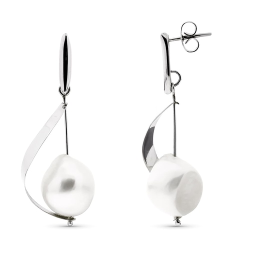 [P15903] 18K PENDIENTES ORO BLANCO LARGOS CON PERLA Y BARRA CIERRE PRESION