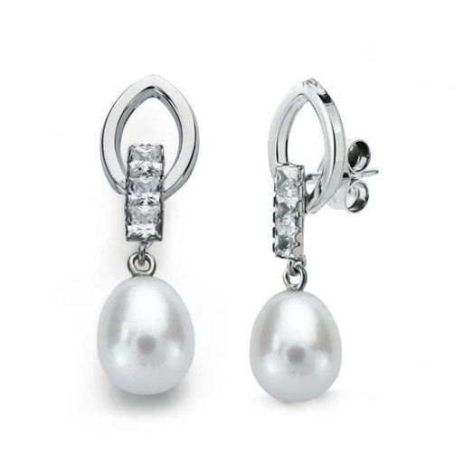[P15906] 18K PENDIENTES LARGOS ORO BLANCO PERLA Y CIRCONITAS PRESION