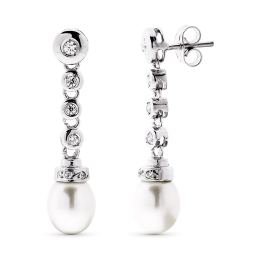 [P15914] 18K PENDIENTES ORO BLANCO LARGO PERLA CIULTIVADA 8 MM Y CIRCONITAS TOTAL 30X7 MM CIERRE PRESION