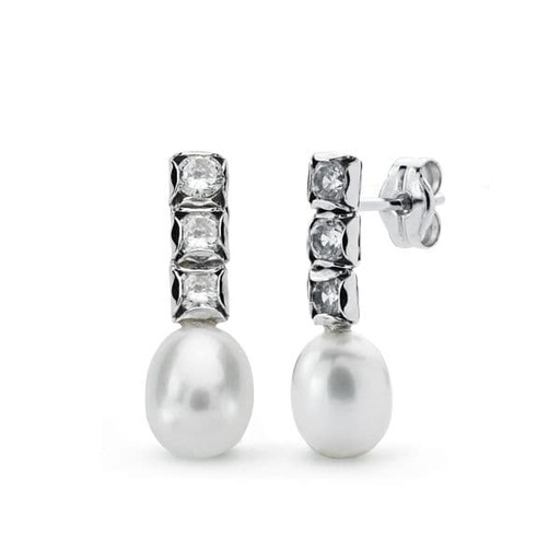 [P15941] 18K PENDIENTES PERLA Y CIRCONITAS ORO BLANCO 16X6 MM