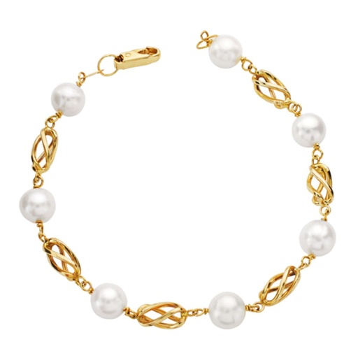 [P16000277] 18K PULSERA ORO AMARILLO PERLA REDONDAS DE 8 MM Y JAULAS DE ORO 19 CM