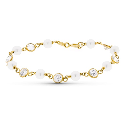 [P16000278] 18K PULSERA ORO AMARILLO CON PERLA Y CIRCONITAS 16.5 CM