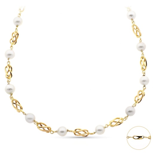 [P16000279] 18K COLLAR ORO AMARILLO CON PERLA DE 8.5 MM Y JAULAS DE ORO. LONGITUD 50CM
