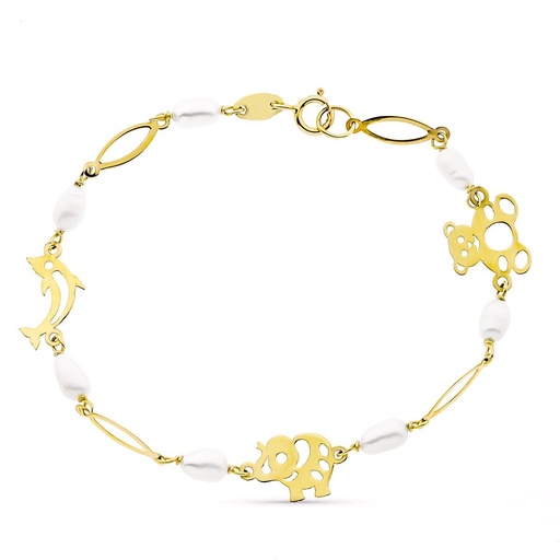 [P16000288] 18K PULSERA ORO AMARILLO 17CM FETICHES Y PERLA CULTIVADAS 5 MM