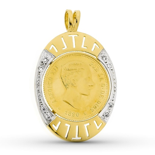 [P16017] 18K COLGANTE ORO BICOLOR MONEDA CON CIRCONITAS 37X24 MM