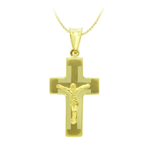 [P16114] 18K CRUZ ORO AMARILLO CON CRISTO LASER HUECA 27X15 MM