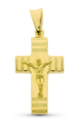 [P16117] 18K CRUZ ORO AMARILLO HUECA CON CRISTO MATE Y BRILLO 27X15 MM