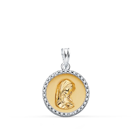 [P16253] 18K COLGANTE REDONDO ORO BICOLOR VIRGEN NIÑA CON CERCO Y CIRCONITAS 16 MM