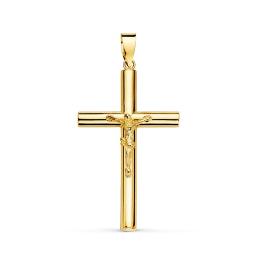 [P16445] 18K CRUZ ORO AMARILLO CON CRISTO TUBO HUECO. 30 X 18 X 3 MM