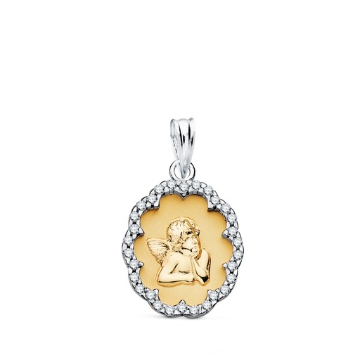 [P16454] 18K COLGANTE ORO BICOLOR ANGELITO BURLON CON CERCO Y CIRCONITAS 17X14 MM