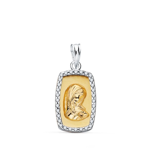[P16458] 18K COLGANTE ORO BICOLOR VIRGEN NIÑA CON CERCO Y CIRCONITAS 18X12 MM