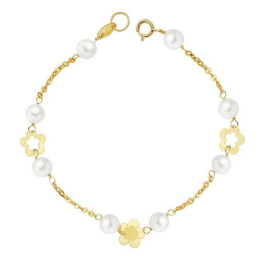 [P16464] 18K PULSERA PERLA Y FLORES 17 CM