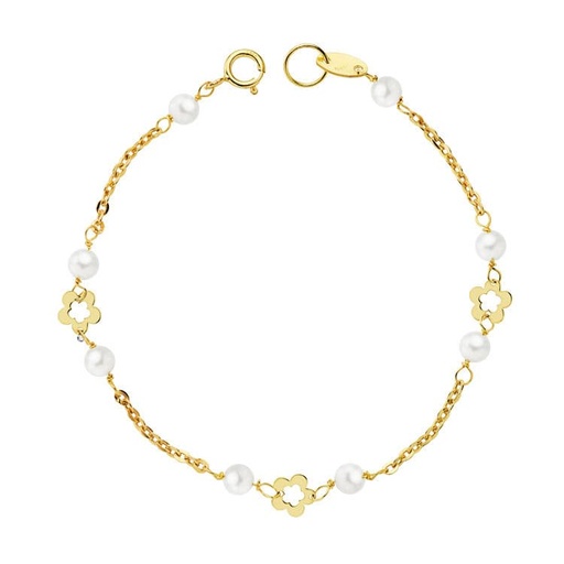 [P16466] 18K PULSERA PERLA 3.5 MM Y FLORES 15 CM