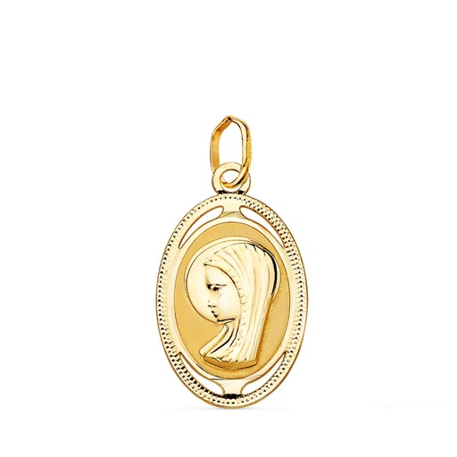 [P16501] 18K MEDALLA ORO AMARILLO OVAL VIRGEN NIÑA CON BORDE TALLADO Y CALADO 19X12 MM
