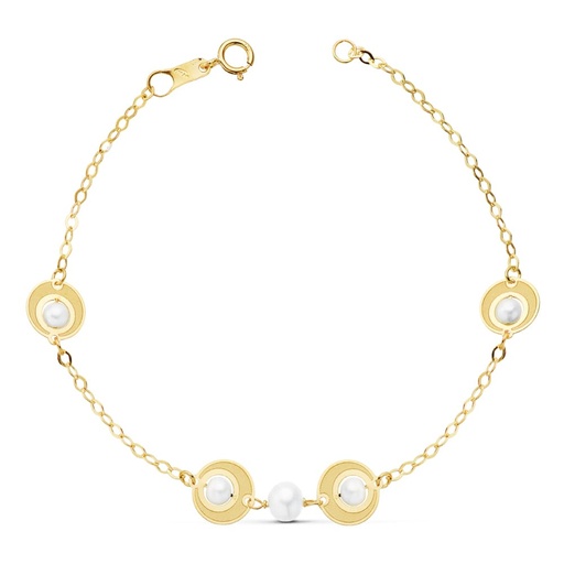 [P16532] 18K PULSERA COMUNION PERLA Y MOTIVOS. 18 CM