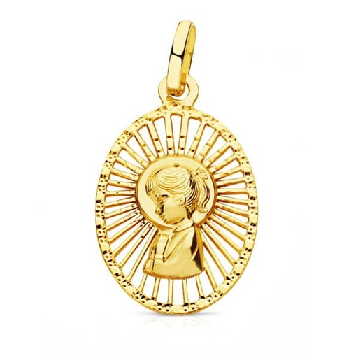 [P16642] 18K MEDALLA VIRGEN NIÑA CERCO CALADO 22X14 MM
