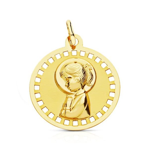 [P16746] 18K MEDALLA VIRGEN NIÑA REDONDA CALADA 18 MM