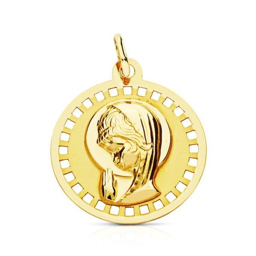[P16748] 18K MEDALLA VIRGEN NIÑA REDONDA CALADA 18 MM