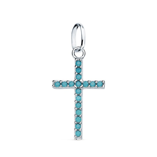 [P16770-T] 18K CRUZ ORO BLANCO CON PIEDRAS TURQUESAS. 16X10 MM