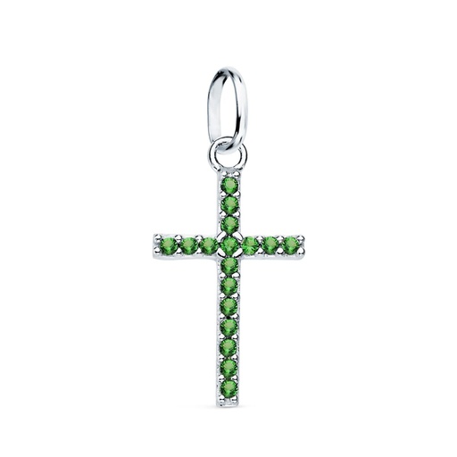 [P16770-VE] 18K CRUZ ORO BLANCO CON CIRCONITAS VERDES. 16X10 MM