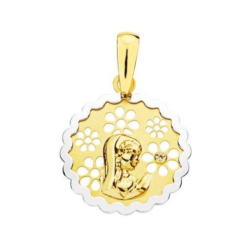 [P16780] 18K MEDALLA VIRGEN NIÑA BICOLOR CIRCONITA 15 MM