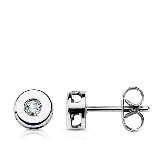 [P1682-1] 18K PENDIENTES ORO BLANCO CHATON 6 MM DIAMANTES 0.10 QTS.