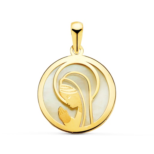 [P16823] 18K MEDALLA ORO AMARILLO VIRGEN NIÑA NACAR REDONDA 17 MM